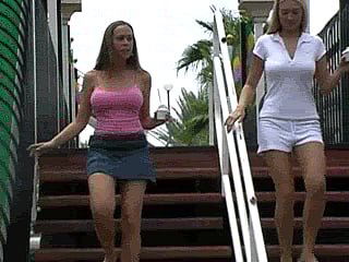 Babes rushing down stairs'