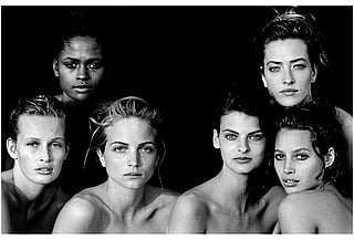 Estelle Lefébure, Karen Alexander, Rachel Williams, Linda Evangelista, Tatjana Patitz and Christy Turlington'